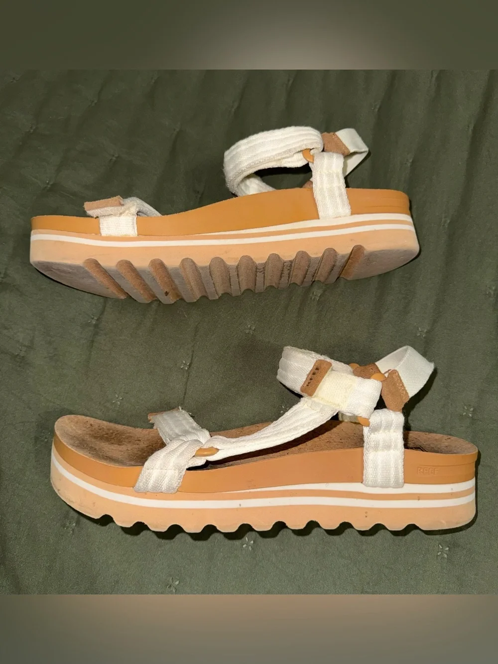 Reef White Strappy Platform Sandals with Tan Sole - Women size 11